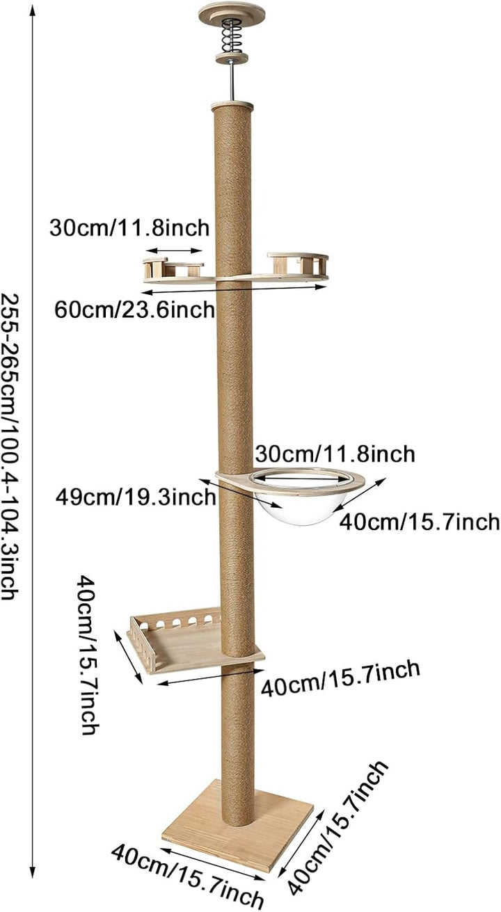 Katzenbaum Deckenhoch 255–265 cm aus Kiefernholz mit Kratzsäule | Platzsparendes Kletterparadies mit