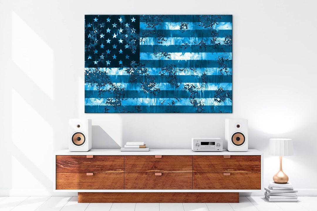 deyoli rostige USA Flagge Format: 100x70 Effekt: Monocrome Blau als Leinwandbild, Motiv fertig gerah