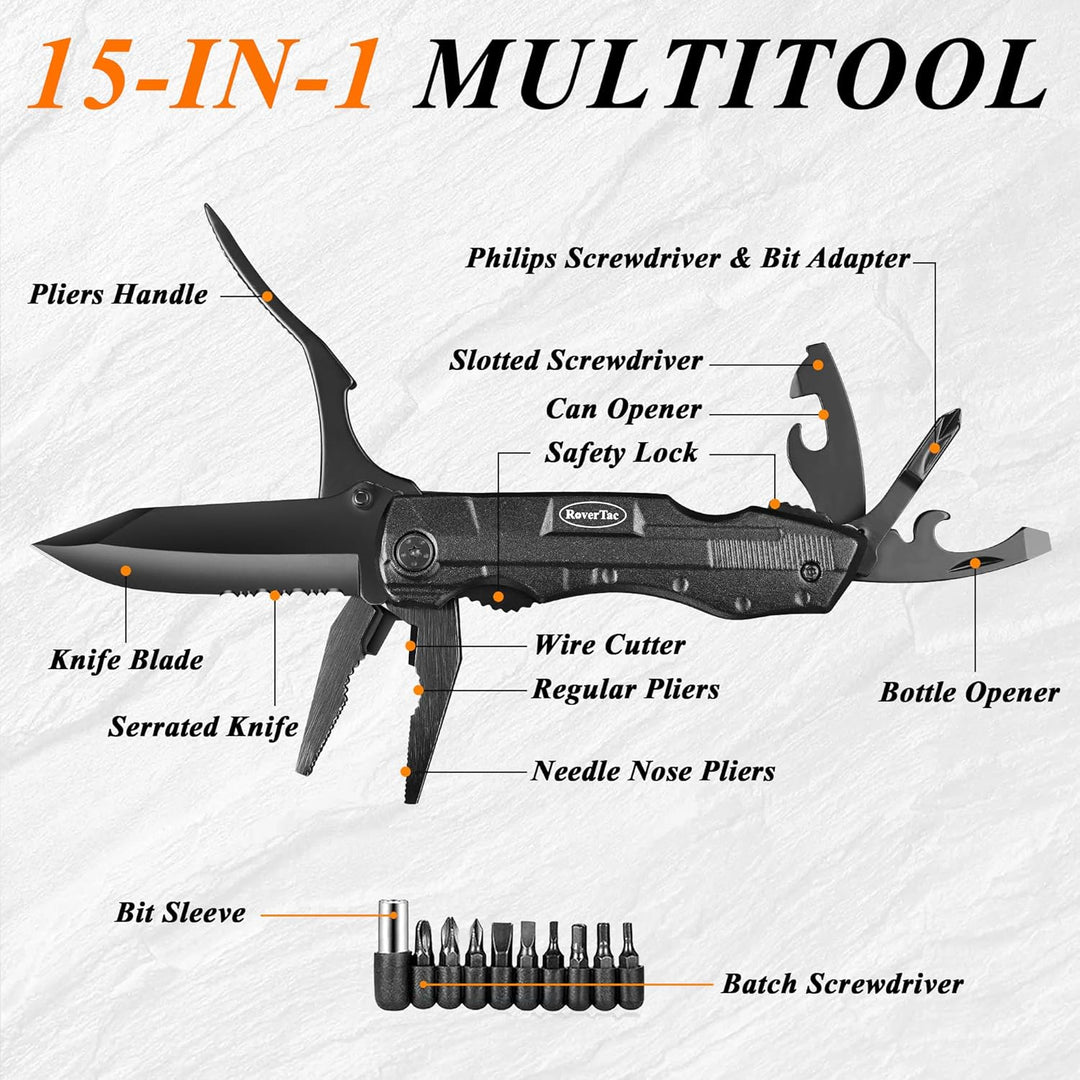 RoverTac Multitool Taschenmesser Männer Geschenk: Folding Knife Survival Camping Messer, Zange, Dose