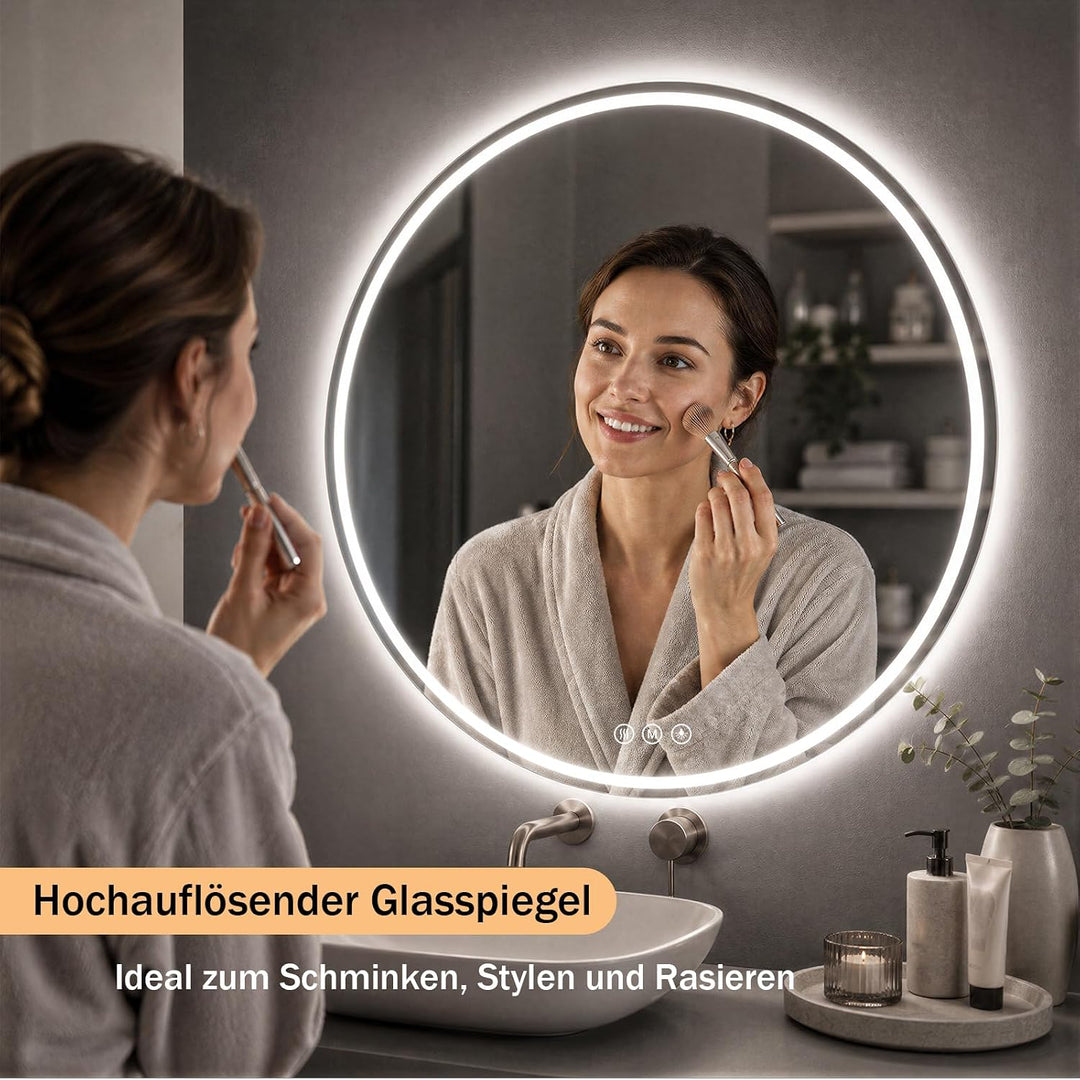 XRAMFY Badspiegel mit Beleuchtung 60cm*60cm, Antibeschlag, Rund Badezimmerspiegel mit Beleuchtung LE