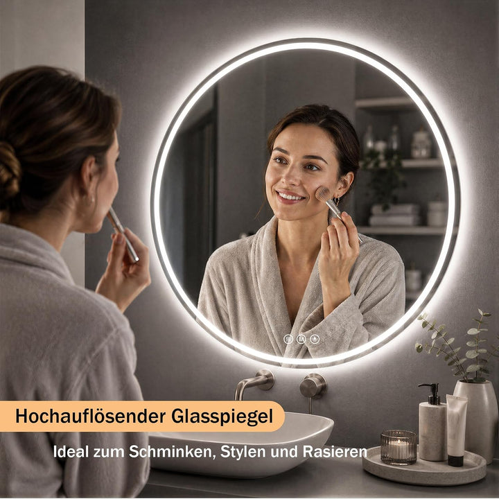 XRAMFY Badspiegel mit Beleuchtung 60cm*60cm, Antibeschlag, Rund Badezimmerspiegel mit Beleuchtung LE