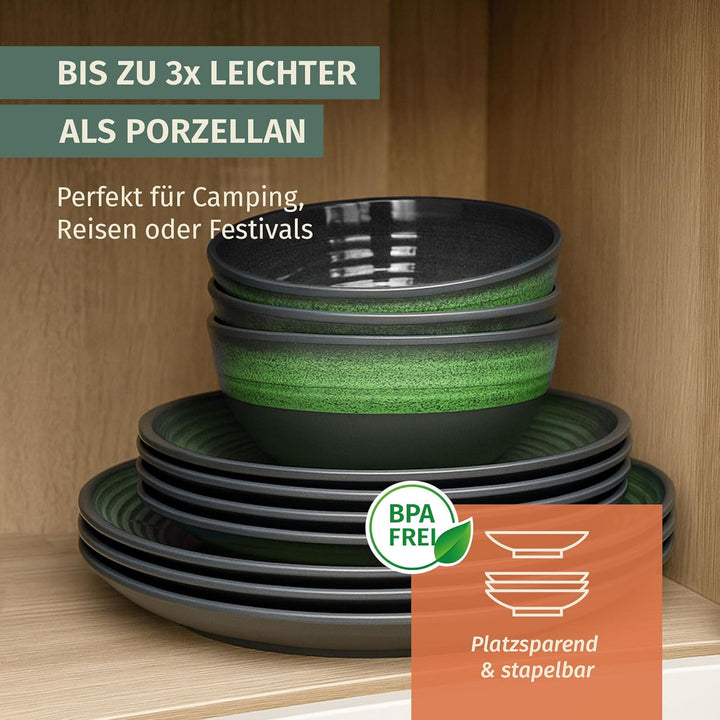 Melamin Camping Geschirr Set 4 Personen Stone Green + 4 Timo Champgner Gläser Flûtes Tafelgeschirr P