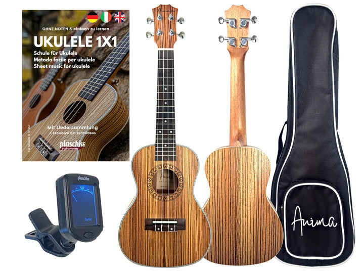 Alp-Gold Ukulele Konzert Zebrano mit Tasche, Lehrbuch und Stimmgerät aus Südtirol/Italien 3.Zebrano,