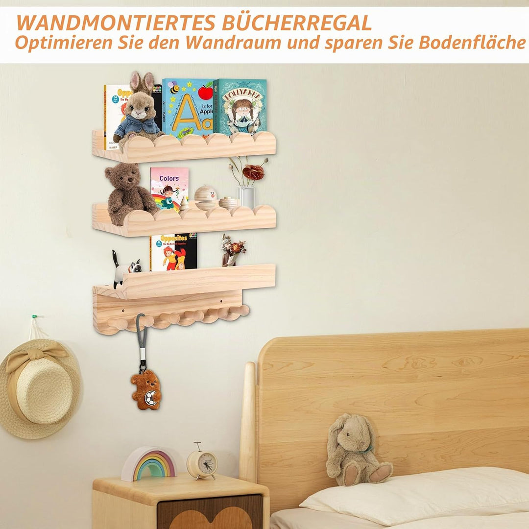 Rainmae Bücherregal Kinder, 40cm 3er-Set, Regal Kinderzimmer, Wandregal Kinderzimmermit Holzhaken id