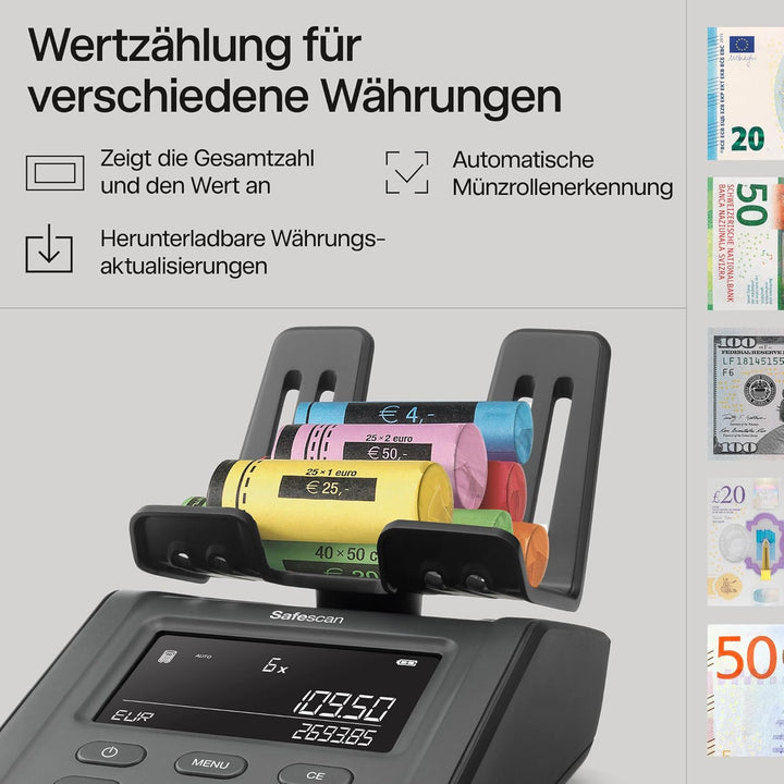 Safescan 6165 Geldzählmaschine, Wertzählung für Münzen und Banknoten, Vouchers und Chips - Münzzähle