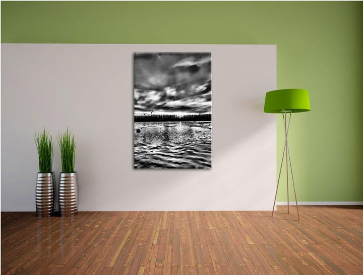 Pixxprint Schwäne im Sonnenuntergang / 100x70cm Leinwandbild bespannt auf Holzrahmen/Wandbild Kunstd