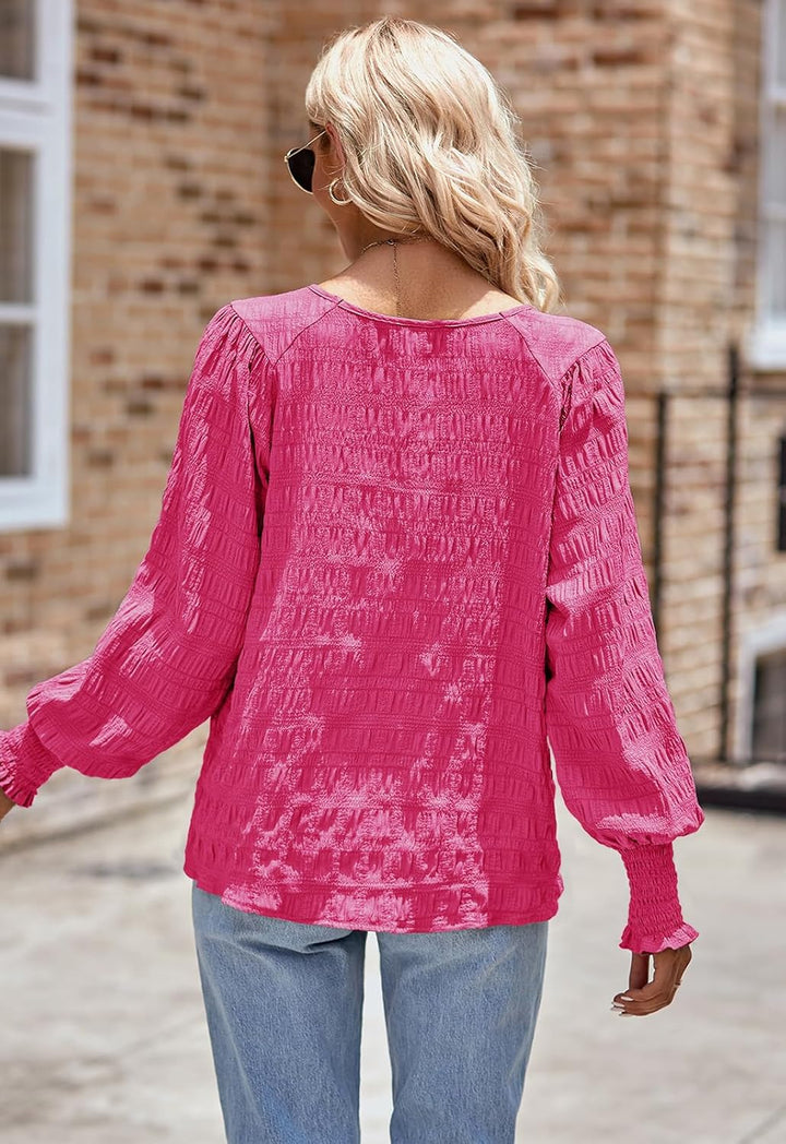 ANCAPELION Damen Elegant Bluse Weiss Chiffon Bishop Langarm Rundhals Tunika Tops Casual Lose Einfarb