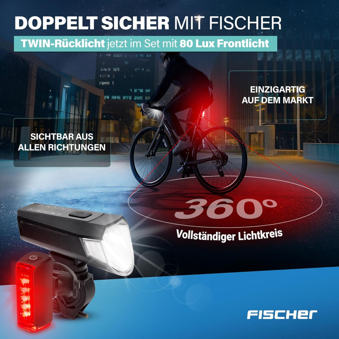 Fischer Twin Fahrradlicht Set, 360° Bodenbeleuchtung, LED Fahrradlampe 80 Lux, Akku aufladbar mit US