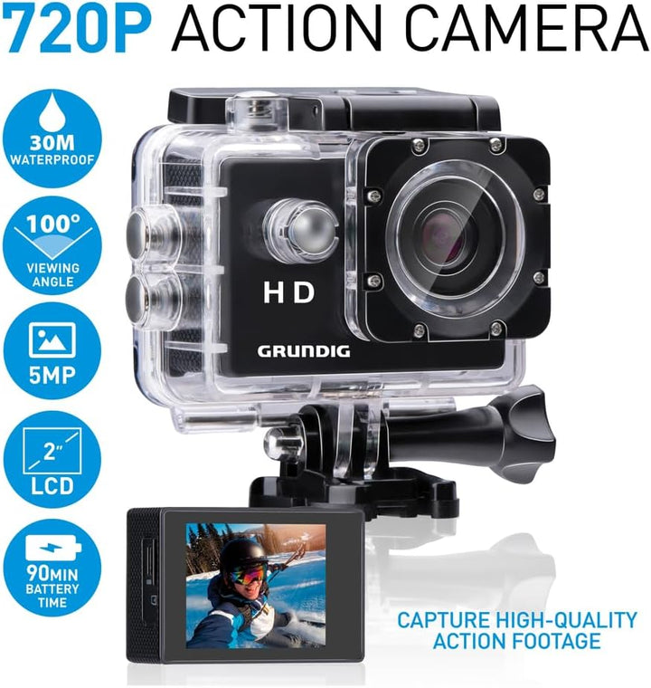 Grundig Action Kamera HD720P - Unterwasserkamera - Wasserdicht bis zu 30M - 2" LCD Bildschirm - Inkl