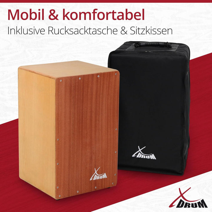 XDrum Cajon Primero Sapeli - Kistentrommel inkl. Rucksacktasche und Schule - Trommelkiste mit Snare