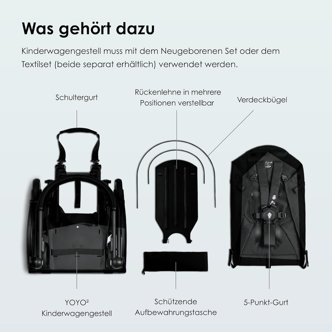 BABYZEN YOYO2 Kinderwagengestell, Black - Textilset nicht inbegriffen - Kommt mit 5-Punkt-Gurt, mehr