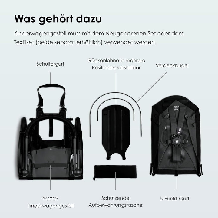 BABYZEN YOYO2 Kinderwagengestell, Black - Textilset nicht inbegriffen - Kommt mit 5-Punkt-Gurt, mehr