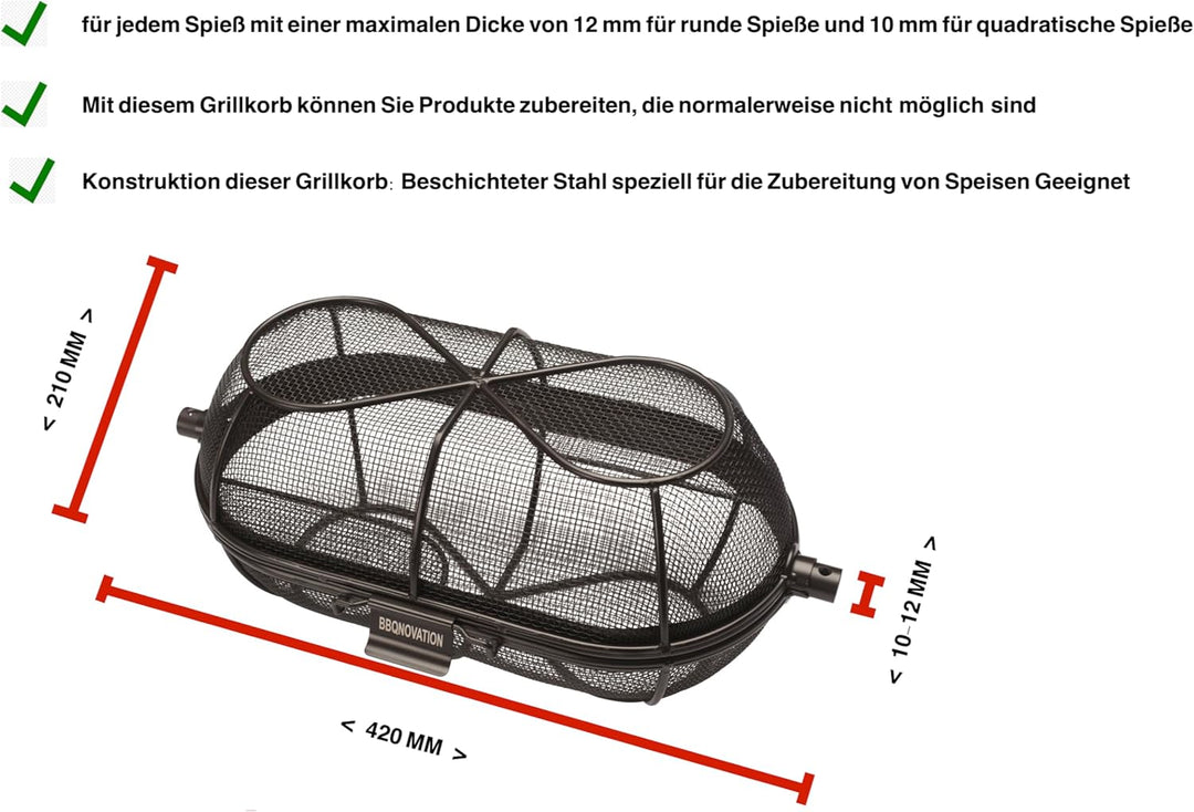 BBQNOVATION Grillkorb - Korb für Rotisserie - Drehspiess Korb - Universell bis einem Durchmesser von