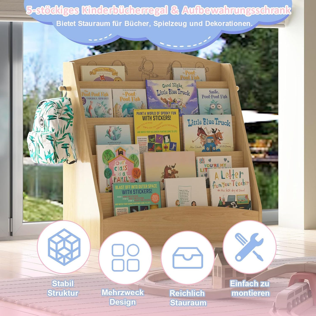 Kinder Bücherregal mit 5 offenen Fächern und Haken, Kinderregal Holz, Montessori Aufbewahrungsregal