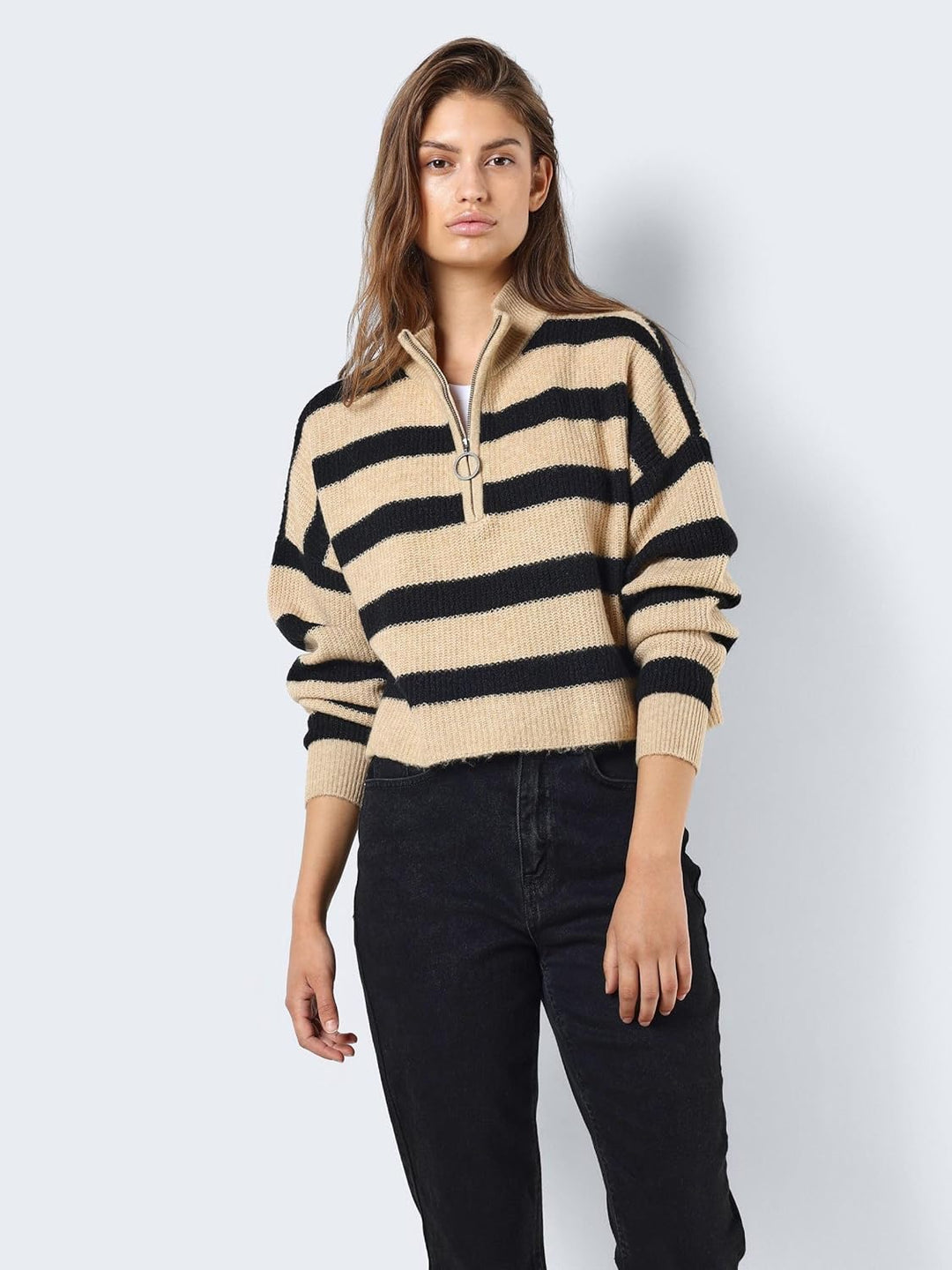 Noisy may Damen Nmnewalice L/S Half Zip Knit Noos Strickpullover XS Black/Stripes:irish Cream, XS Bl