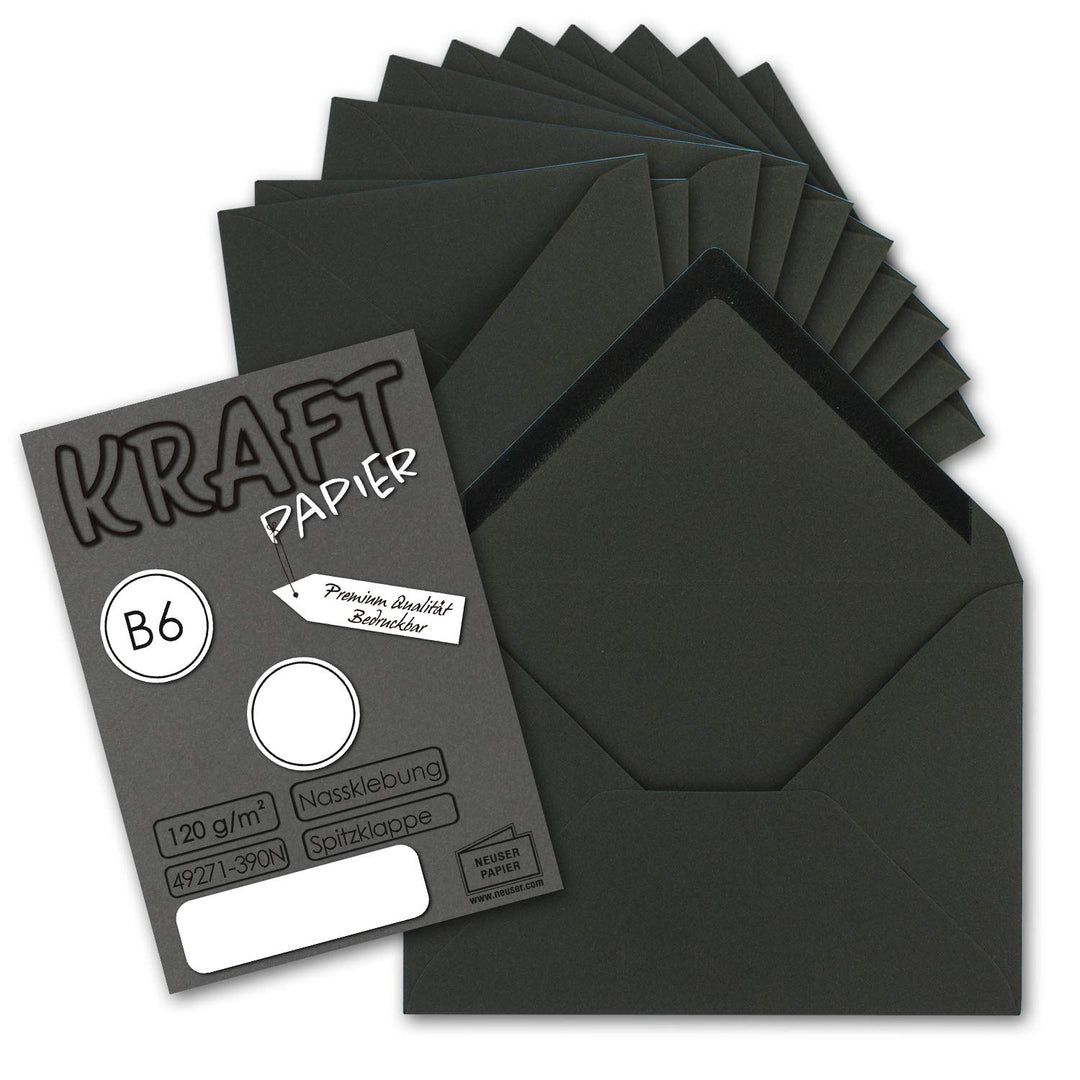 200x Vintage Briefumschläge in schwarz DIN B6 125 x 178 mm Kraftpapier 120 g/m² Recycling Nassklebun