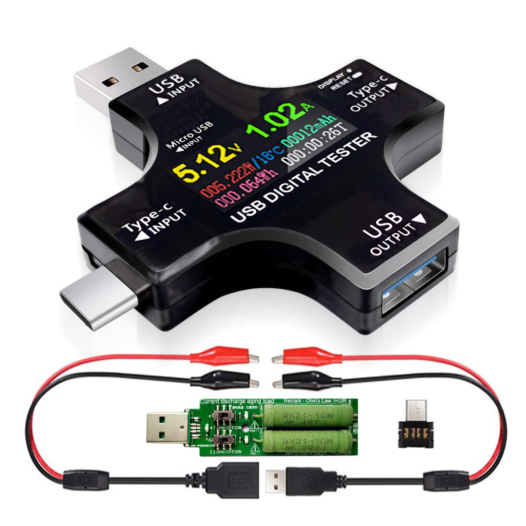 USB C Tester, 2 in 1 Typ C USB Tester Farbbildschirm IPS Digitalmultimeter,Spannung,Strom,Leistung,W