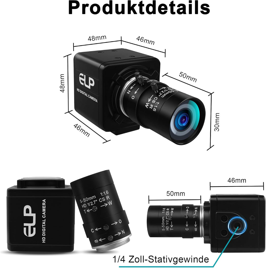 Monochrome USB Kamera mit Globalverschluss | 800P 120FPS ultraschnell, 5–50 mm CS Objektiv mit manue