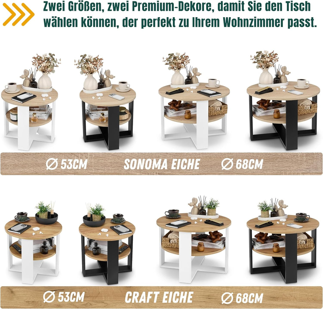 Couchtisch rund Eiche – Kleiner Beistelltisch mit Ablage - 2 Ebenen, runder moderner Kaffeetisch im