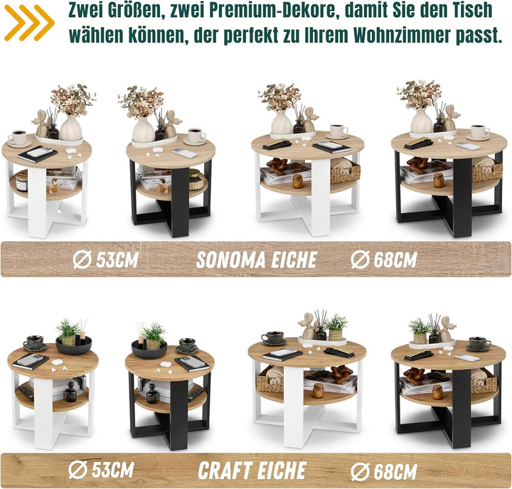 Couchtisch rund Eiche – Kleiner Beistelltisch mit Ablage - 2 Ebenen, runder moderner Kaffeetisch im