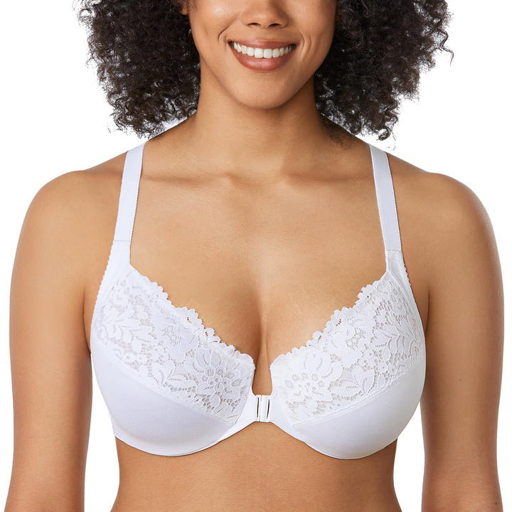 DELIMIRA Damen Vorderverschluss BH mit Bügel Vollständige Abdeckung Grosse Grössen 75B Weiss, 75B We