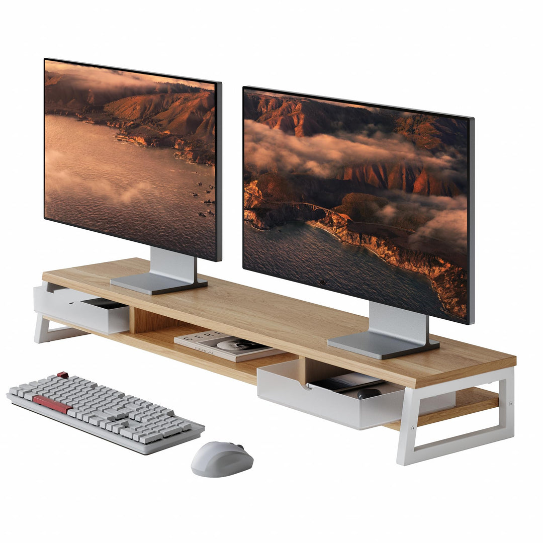 Fenge Dual Monitorständer Riser mit 2 Acryl Schubladen, 2 Etagen 108cm Computer Bildschirmständer fü