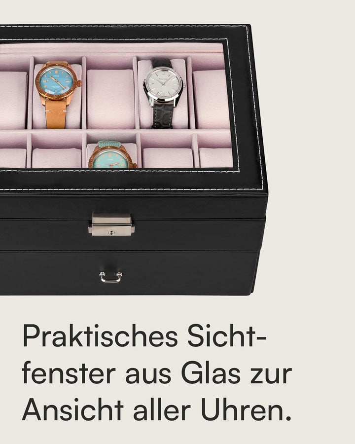 shelfmade Uhrenbox PU-Leder - Uhrenaufbewahrung schwarz - Uhrenkasten mit edlem Samt - Uhrenkoffer,