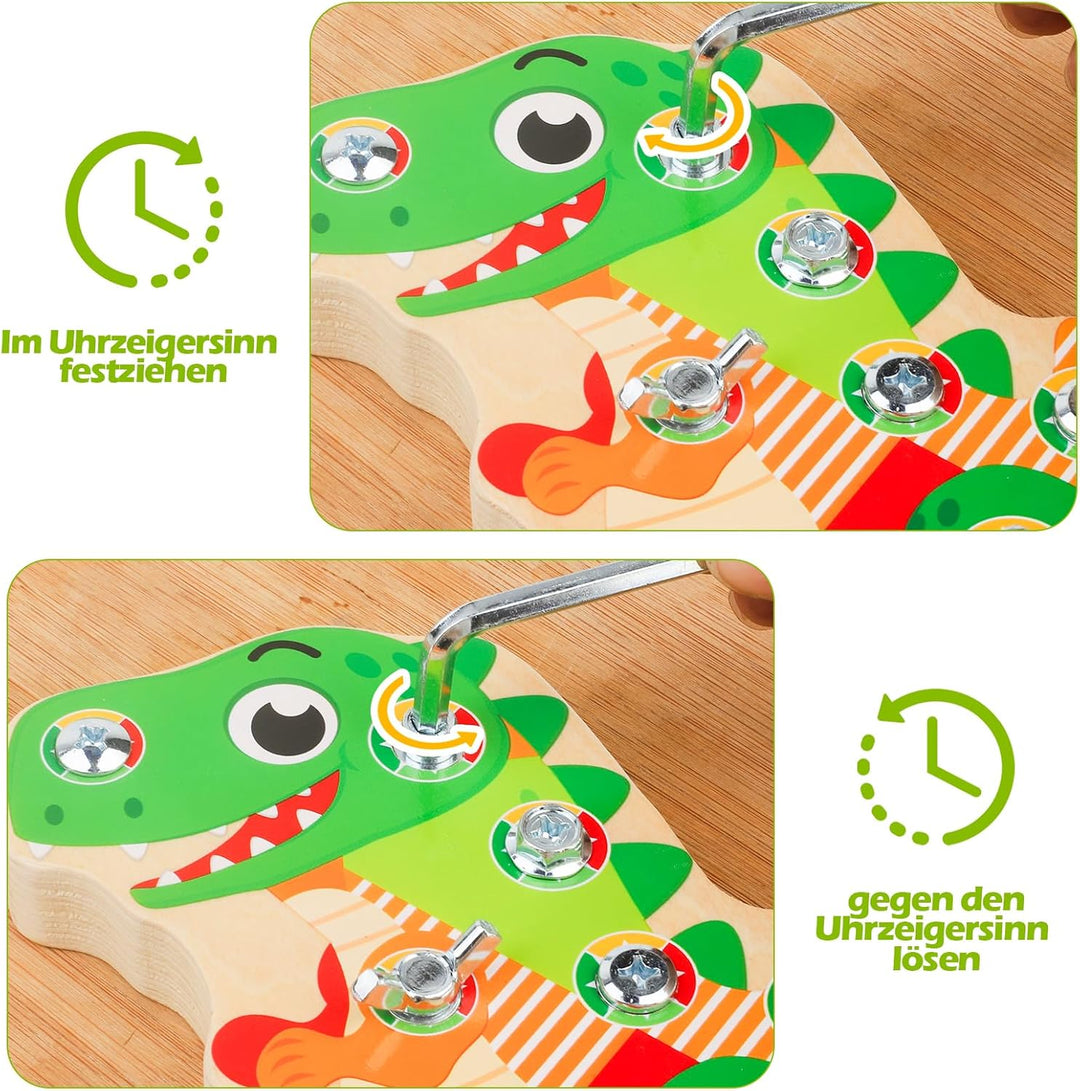 Montessori Dino Schraubbrett aus Holz – Busy Board Motorikbrett Lernspielzeug zur Förderung der Fein