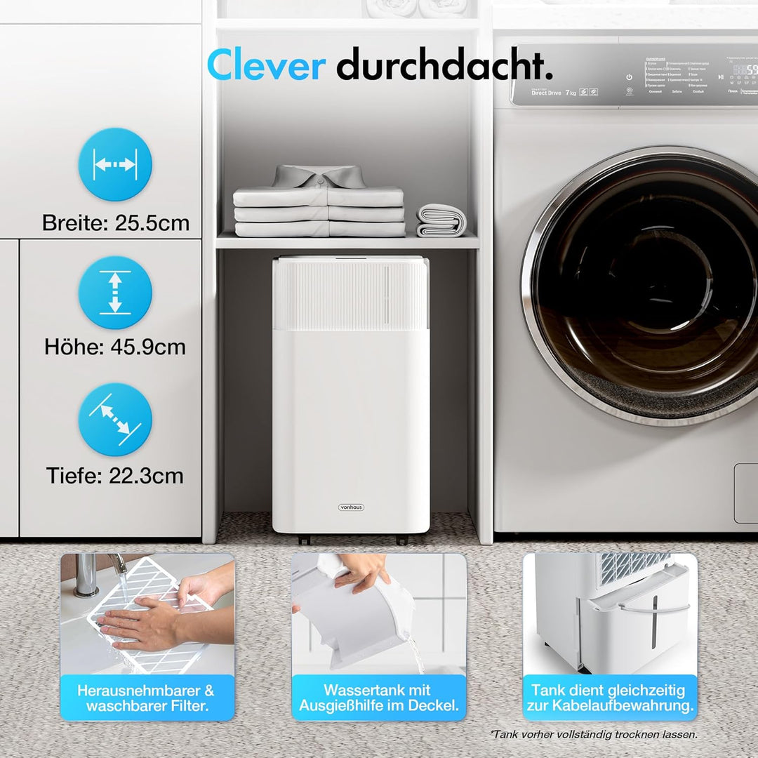 VonHaus Luftentfeuchter Elektrisch, 12L/24H, Entfeuchter für Keller, Raumentfeuchter Elektrisch 39dB