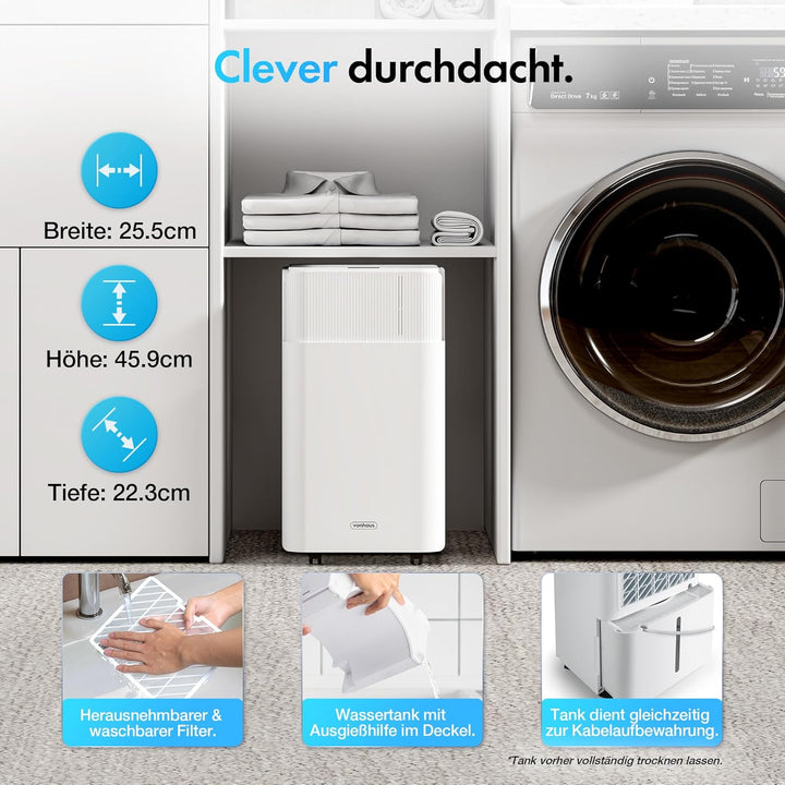 VonHaus Luftentfeuchter Elektrisch, 12L/24H, Entfeuchter für Keller, Raumentfeuchter Elektrisch 39dB