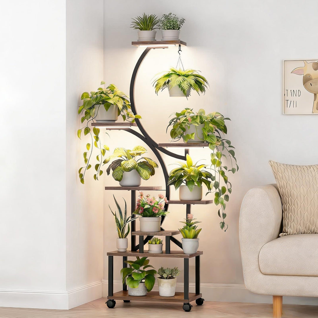 Pflanzenständer mit Wachstumslicht und 4 Rollen, 8 Etagen 159cm Höhe Pflanzenregal Indoor, Blumenstä