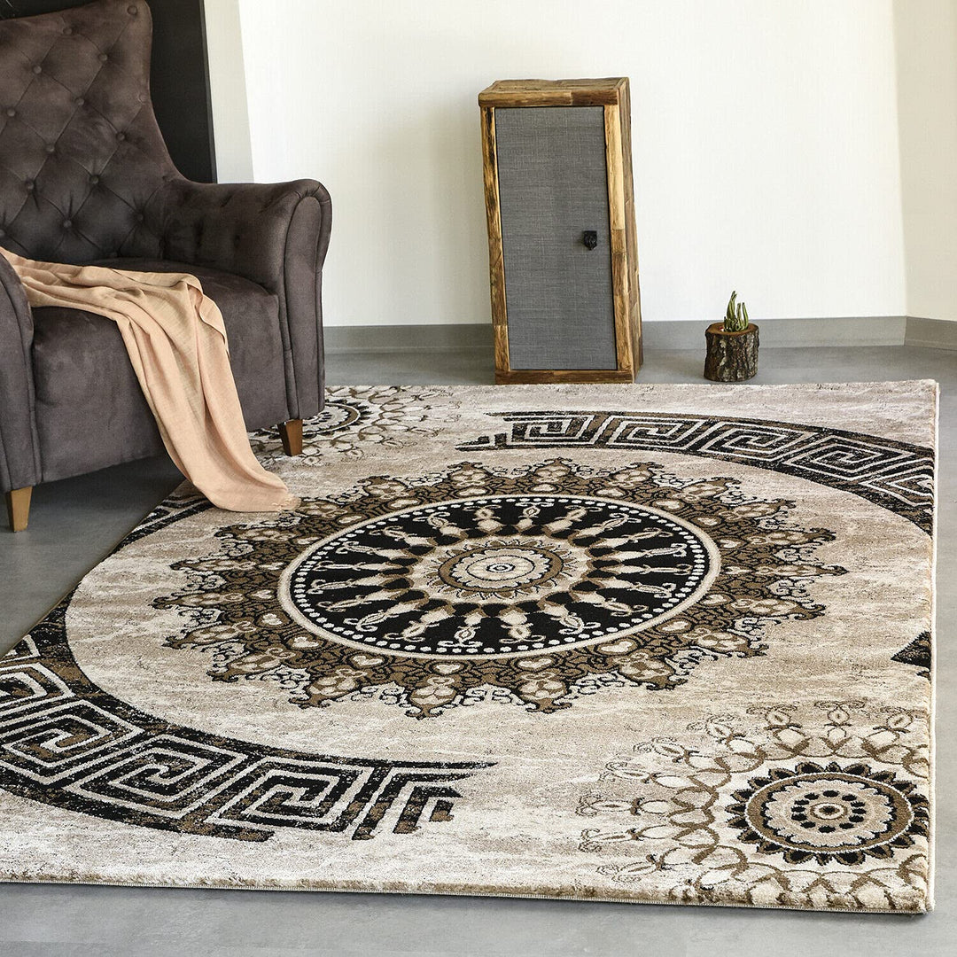 VIMODA Teppich kurzflor Klassisch Orient Design Vintage Mandala Dunkelbraun Braun Beige, für Wohnzim