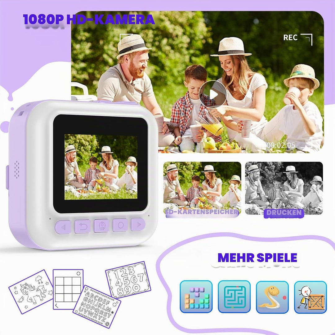 Kinderkamera Sofortbildkamera,Sofortbildkamera Kinder, 1080P Digitalkamera Kinder mit 32GB Karte Dru