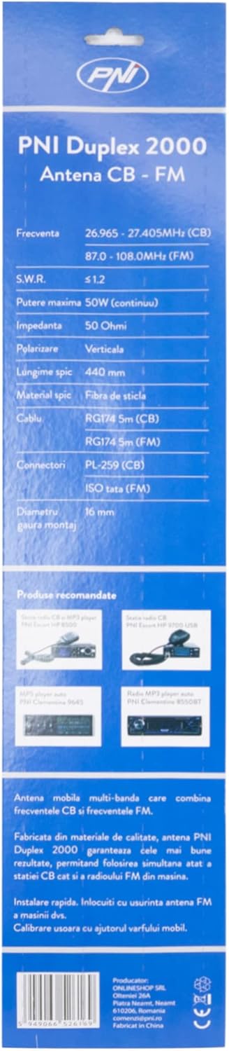 CB-Antenne PNI Duplex 2000 CB-FM, 26-28MHz (CB), 87-108MHz (FM), CB-Kabel und FM-Kabel 5 Meter, Glas