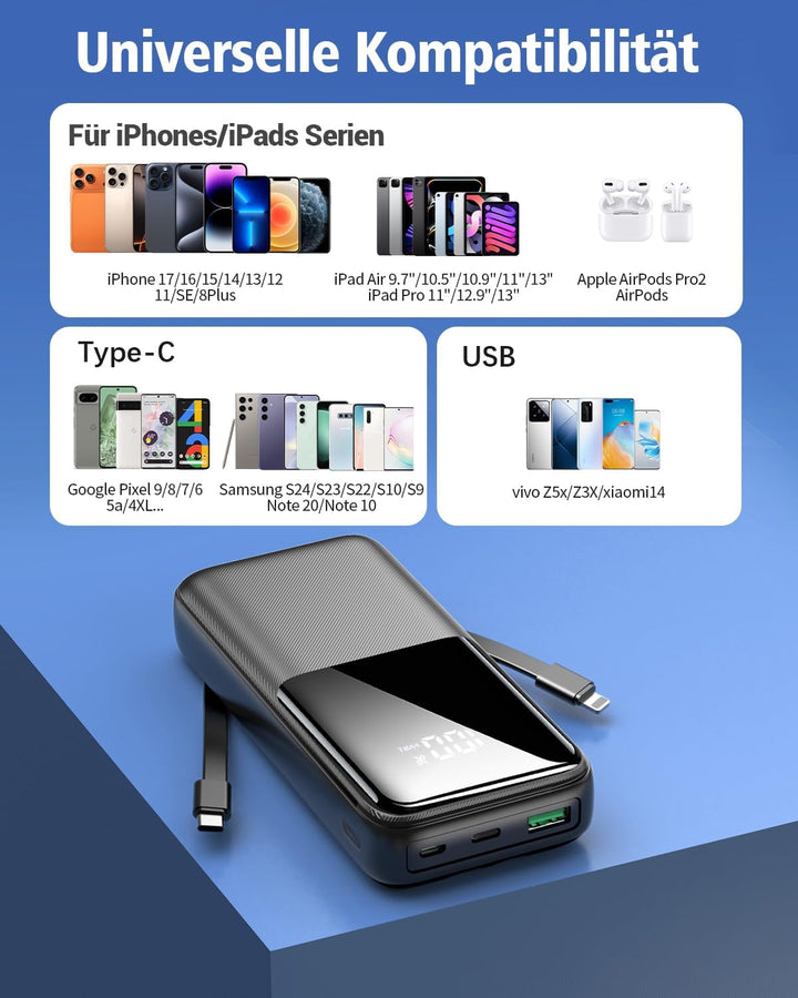 Power Bank 26800mAh, Tragbares Ladegerät mit 3 Anschlüssen & 2 integrierten Kabeln, USB C Schnelllad