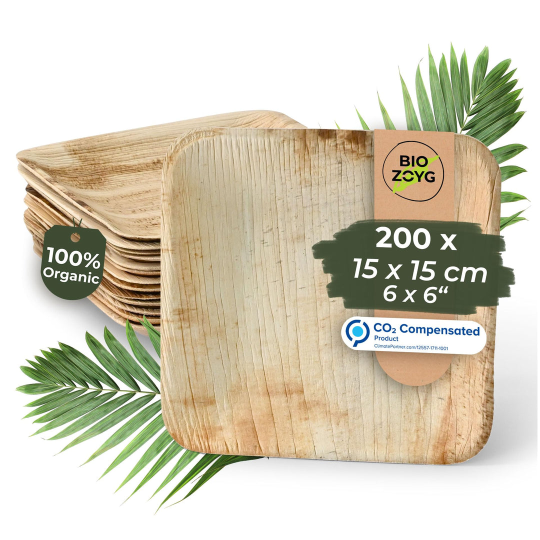 BIOZOYG Einwegteller 200 Stück 15x15 cm Palmblatt-Teller - Einweggeschirr kompostierbar - hochwertig