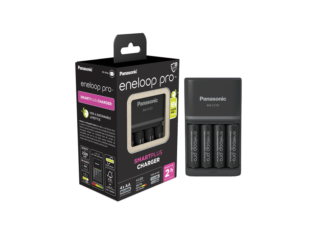 Panasonic eneloop SmartPlus Ladegerät für 1–4 AA/AAA NI-MH-Akkus, mit 4 LED-Anzeigen und 10 Sicherhe