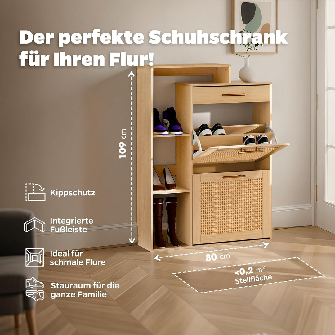 Schuhschrank schmal Holzoptik & handgefertigtes Rattan, moderner Schuhschrank mit Schublade – für Fl