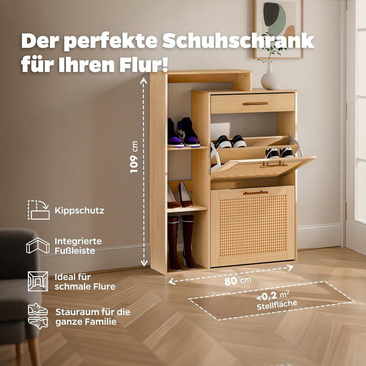 Schuhschrank schmal Holzoptik & handgefertigtes Rattan, moderner Schuhschrank mit Schublade – für Fl