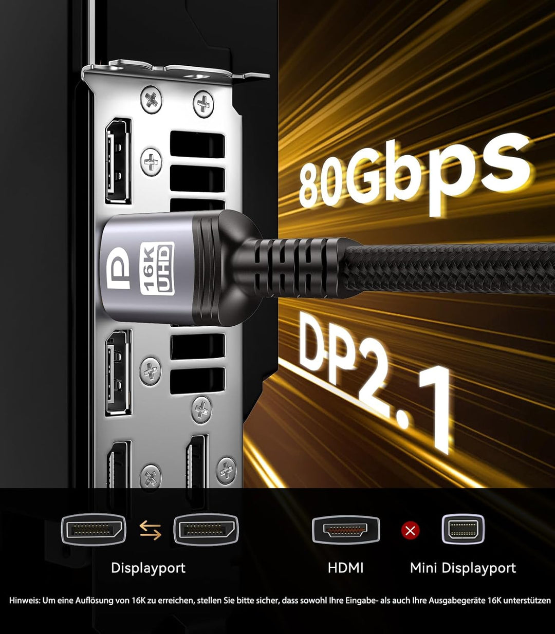 Sniokco 80Gbps DisplayPort Kabel 2.1 3M, DP Kabel für 16K@60Hz 8K@240Hz, 4K@540Hz 360Hz 240Hz Kompat