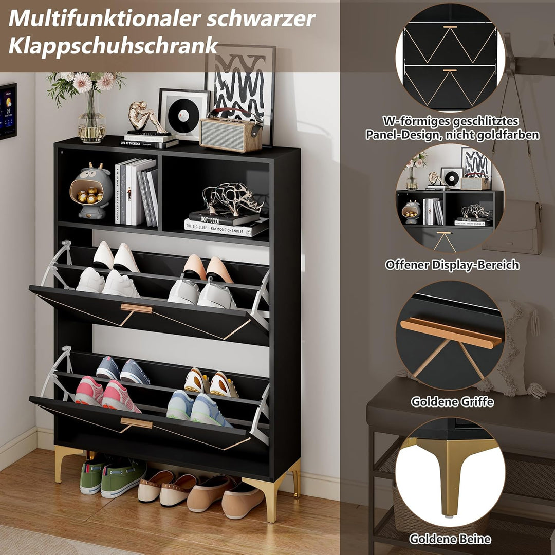 ModernLuxe Schuhschrank Schwarz mit 2 Klapptüren, 4-Fächer Schuhkommode 80×25×117 cm mit Halboffenen