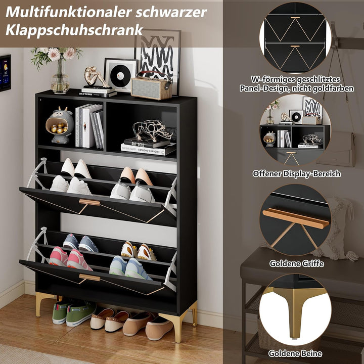 ModernLuxe Schuhschrank Schwarz mit 2 Klapptüren, 4-Fächer Schuhkommode 80×25×117 cm mit Halboffenen