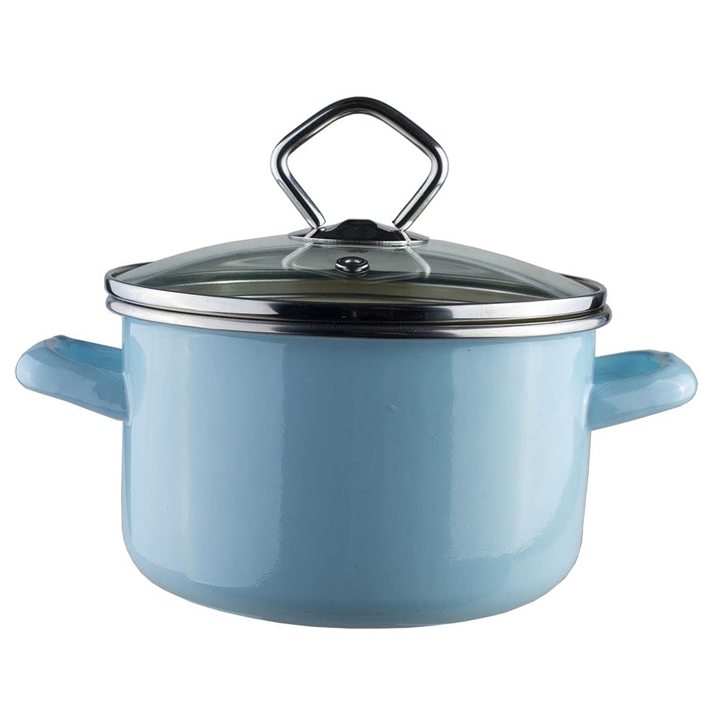Krüger Emaille Kochtopf Sylt Ø 16 cm (1,5 L) | Mit Glasdeckel &amp; Literskala | PFAS-frei | Induktionsg