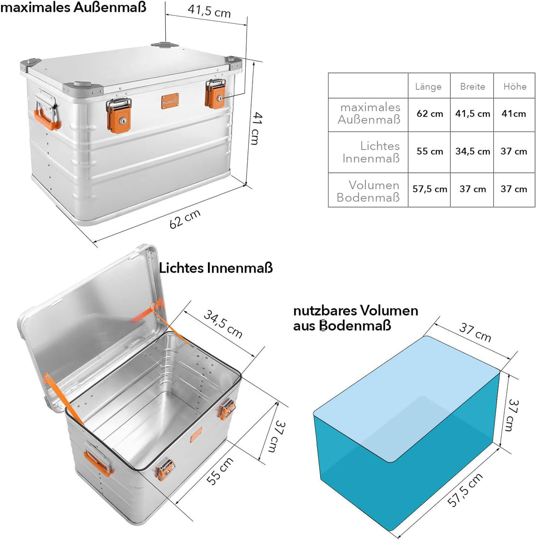 Alubox Alukiste abschliessbar E78 - Premium Aluminium Lagerbox 78 Liter - Deckel mit Aluminium Druck