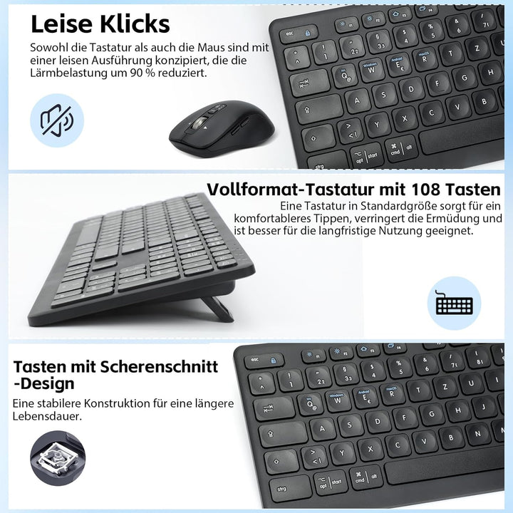 M9300 Kabelloses Tastatur Maus Combo, 2-in-1 USB Empfänger und Zwei Bluetooth, 18-Monate Batterielau