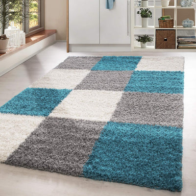 HomebyHome Teppich Wohnzimmer Shaggy Hochflor Türkis Läufer 80x150 cm Kariert Läufer Flur - Flauschi