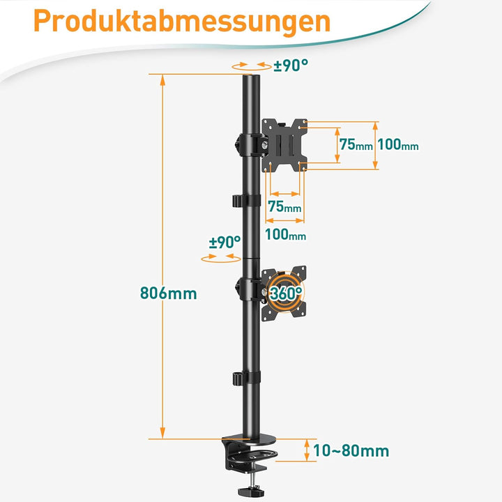 ELIVED Vertical Monitor Halterung 2 Monitore, 80cm Stange für 13-32 Zoll Monitore bis zu 8kg, Dualer