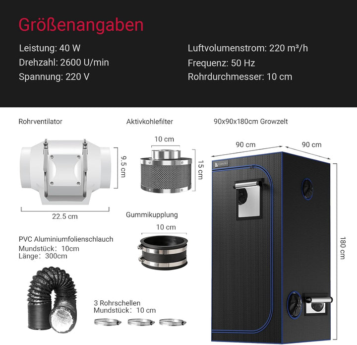 Growzelt Komplettset mit Growzelt 90x90x180 cm und Regelbar Rohrventilator 100mm Set Belüftungssyste