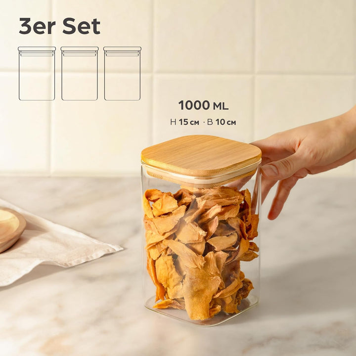 Praknu Vorratsdosen mit Deckel luftdicht Glas - 3er Set Vorratsgläser eckig - 1L - aus Borosilikatgl