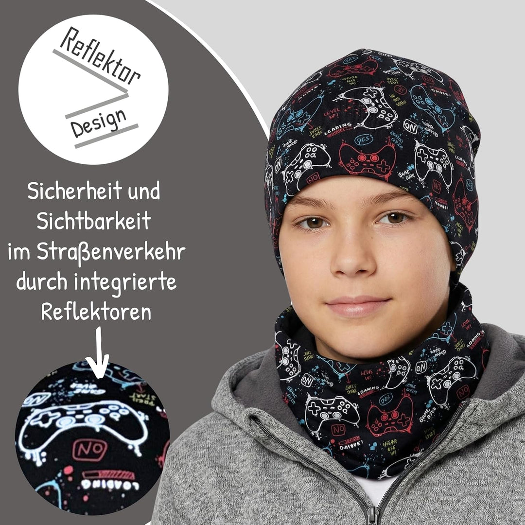 HECKBO 360° Reflektor Kinder Mütze &amp; Loop Schal Set - 95% Baumwolle - weiches &amp; pflegeleichtes Stret